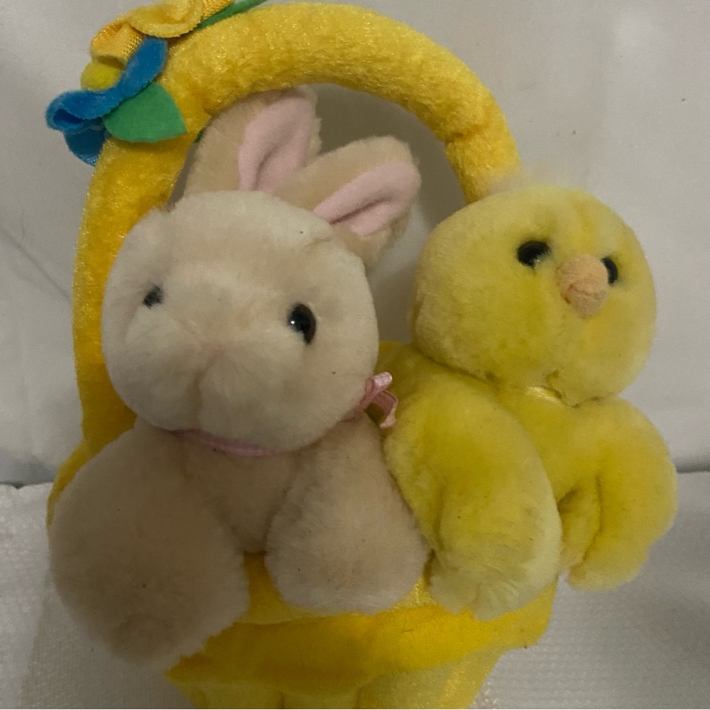 Vintage E&J Classic Yellow Easter Basket Tan Bunny Rabbit and Baby Chick Plush